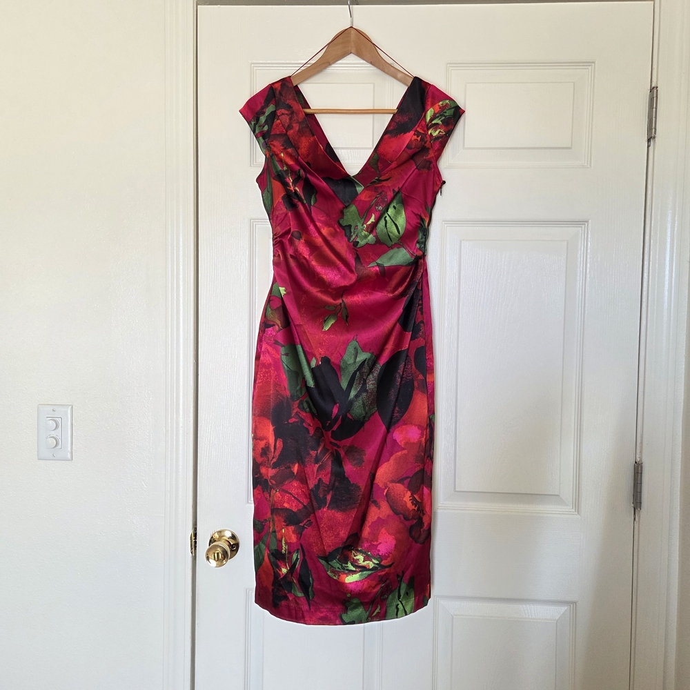 Maggy London Red Floral Midi Dress with Green Accents